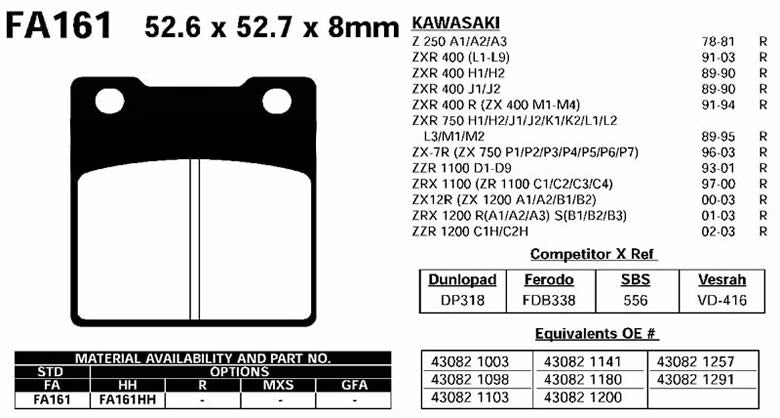 Brake Pads FA161 For KAWASAKI Z 250 ZX 12R ZX-7R ZRX ZZR 1100 1200 ZXR 400 750 Generic