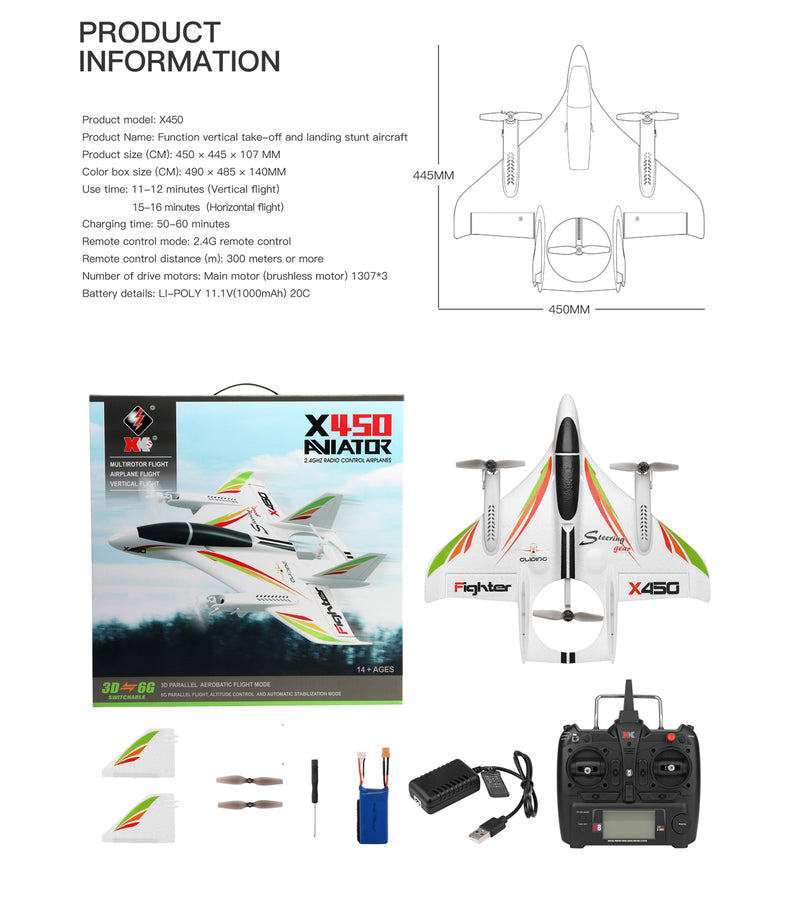 WLtoys XK X450 RC Airplane Brushless 2.4G 6CH 3D/6G LED Fixed Wing RTF