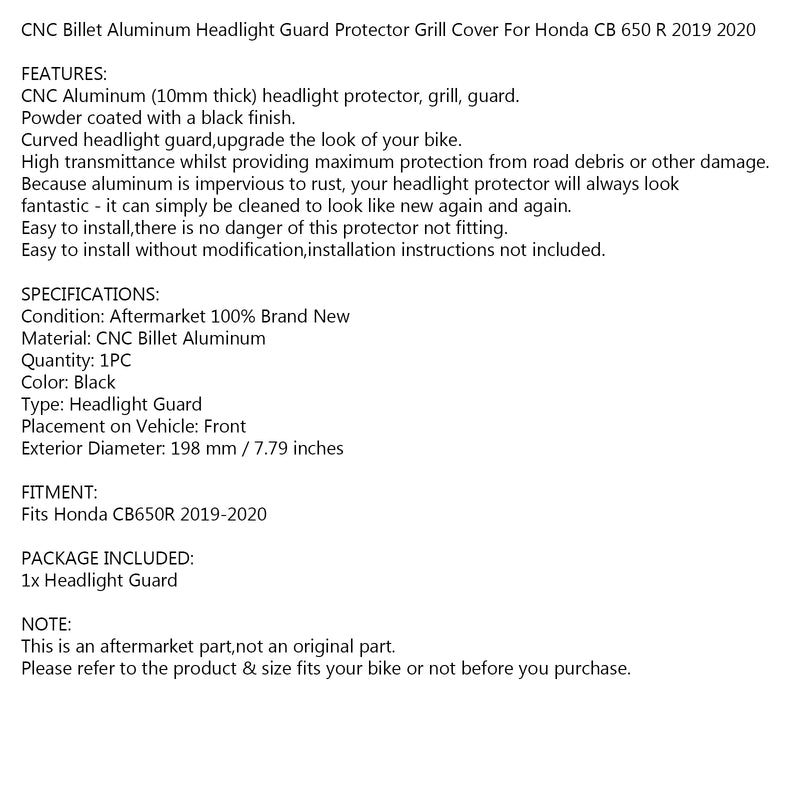 CNC Headlight Protector Grill Guard Cover for Honda CB650R 2019-2021 Generic