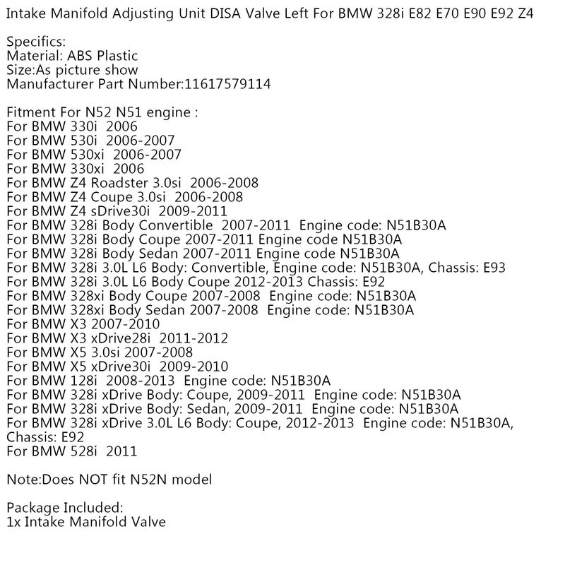 Intake Manifold Adjusting Unit DISA Valve Left For BMW 328i E82 E70 E90 E92 Z4 Generic