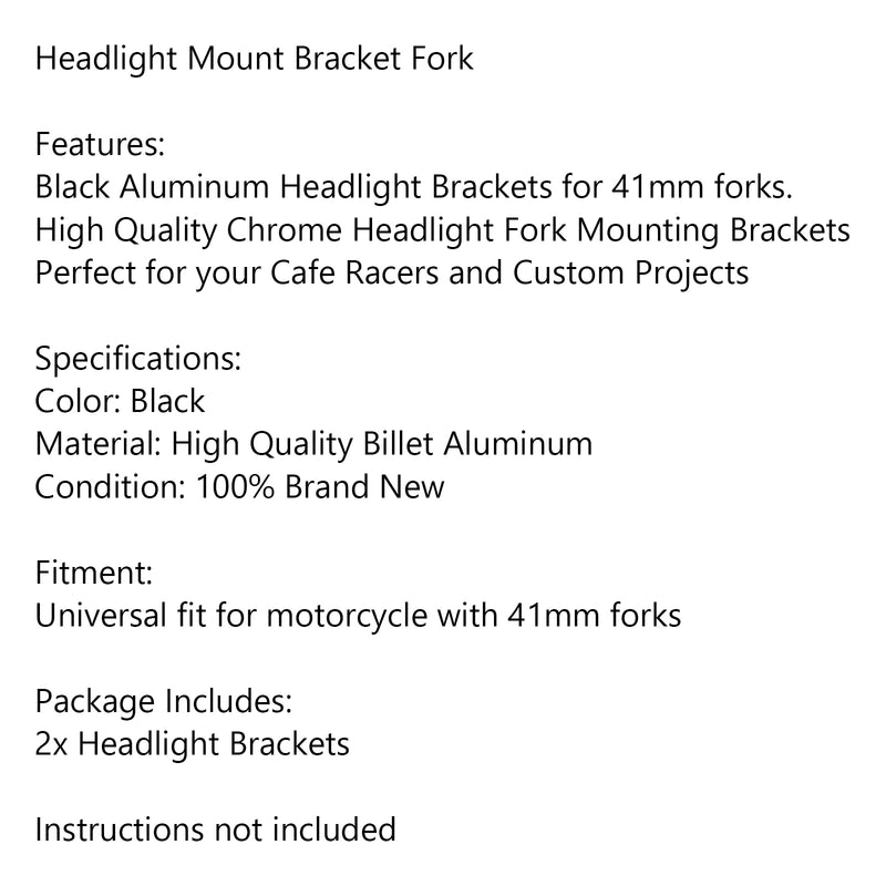 Universal 41mm Headlight Mount Bracket Fork Ear Chopper Cafe Racer Black Generic