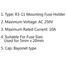 8PCS SCI R3-11 Panel Mount Chassis Fuse Holder For 5x20mm Glass Fuses 10A 250V