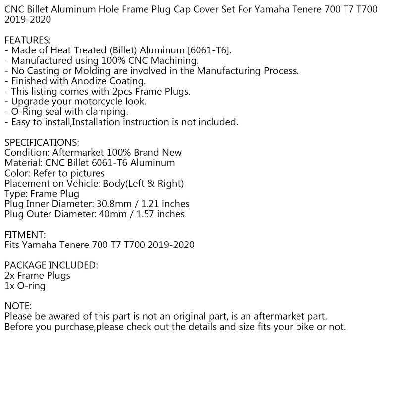 2x Billet Aluminum Frame Plug Cap for Yamaha T700 Tenere 700 2019-2020 Generic