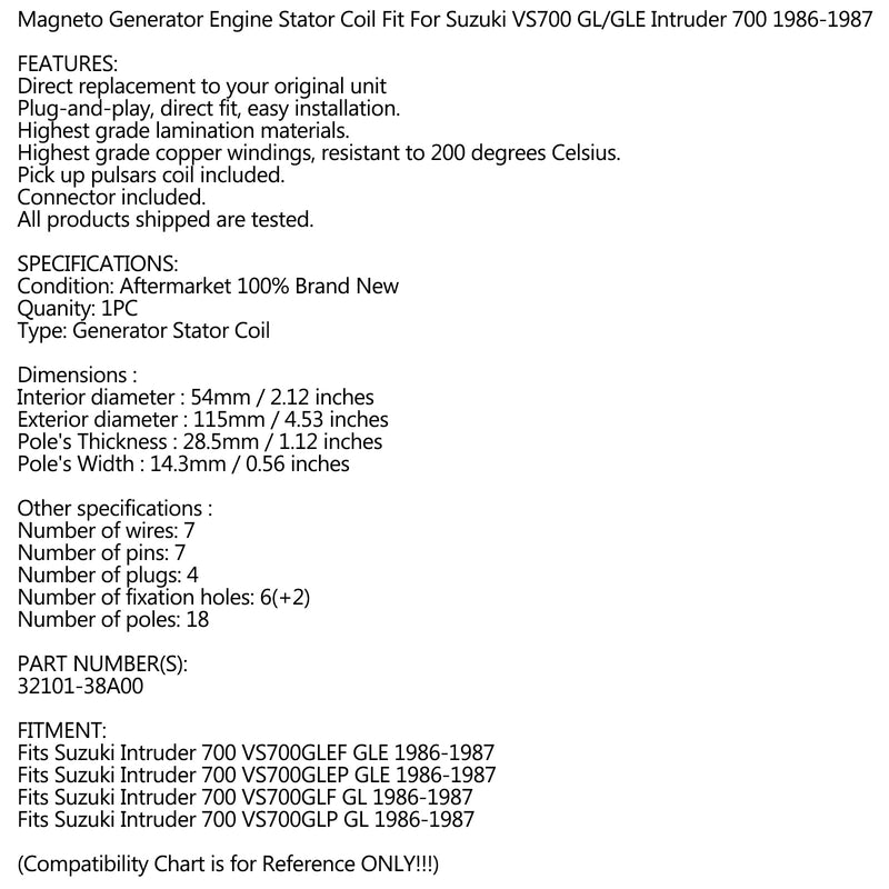Alternator Magneto Stator for Suzuki VS700 VS 700 GL GLE 1 Intruder 700 86-87 Generic