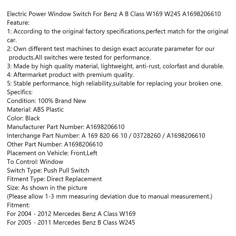 Electric Power Window Switch For Benz A B Class W169 W245 A1698206610 Generic