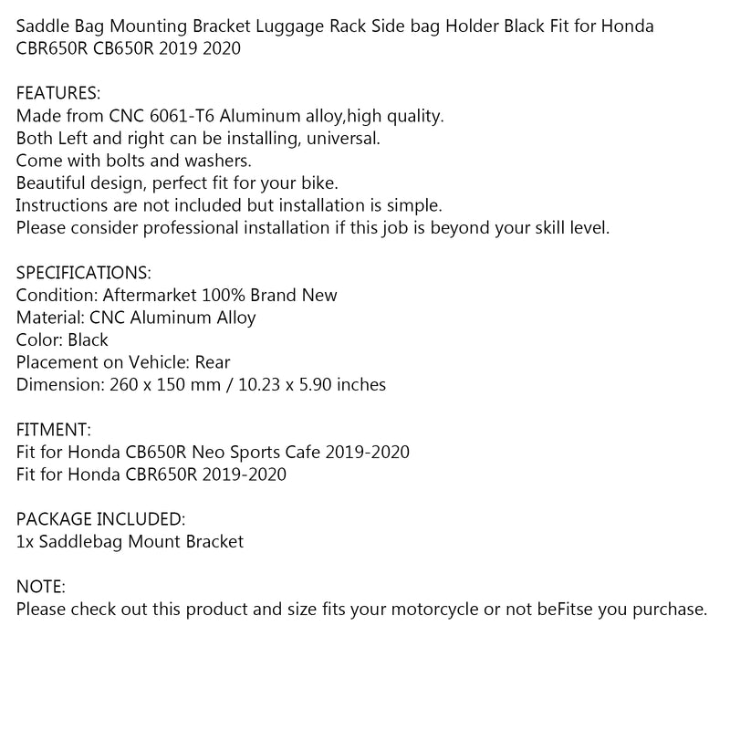 Black Saddlebag Support Mounting Bracket Fit for Honda CBR650R CB650R 2019 2020 Generic
