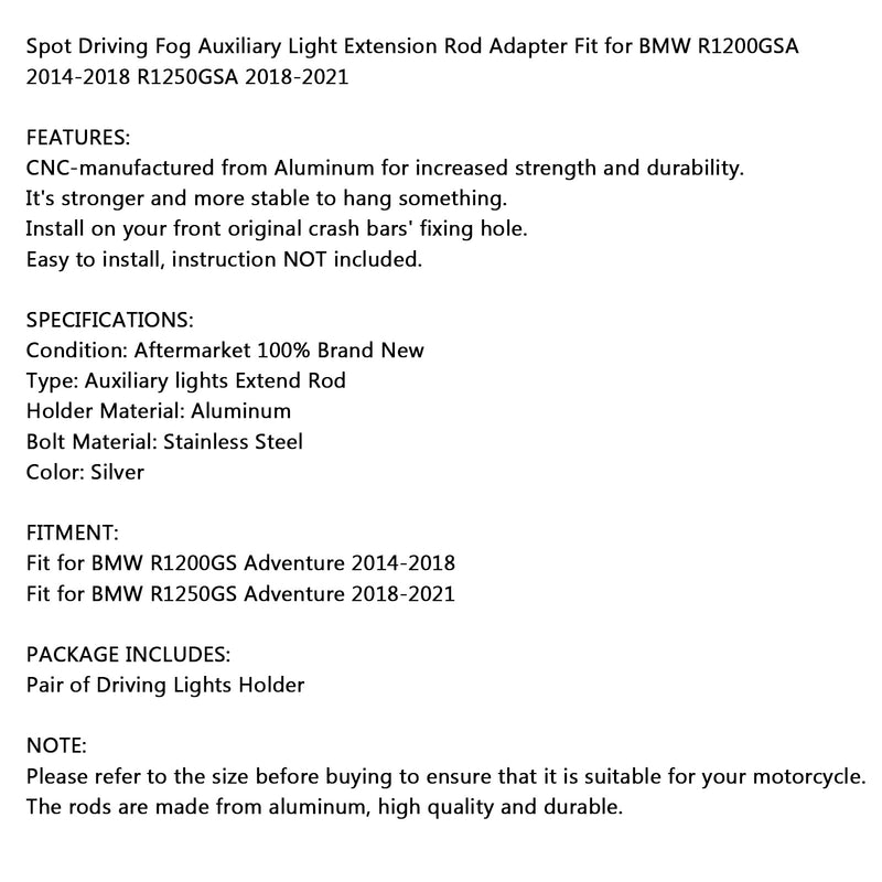 Areyourshop Spot Fog Driving Light Rod Holder Fit for BMW R1200GSA 2014-2018 R1250GSA 18-21 Silver