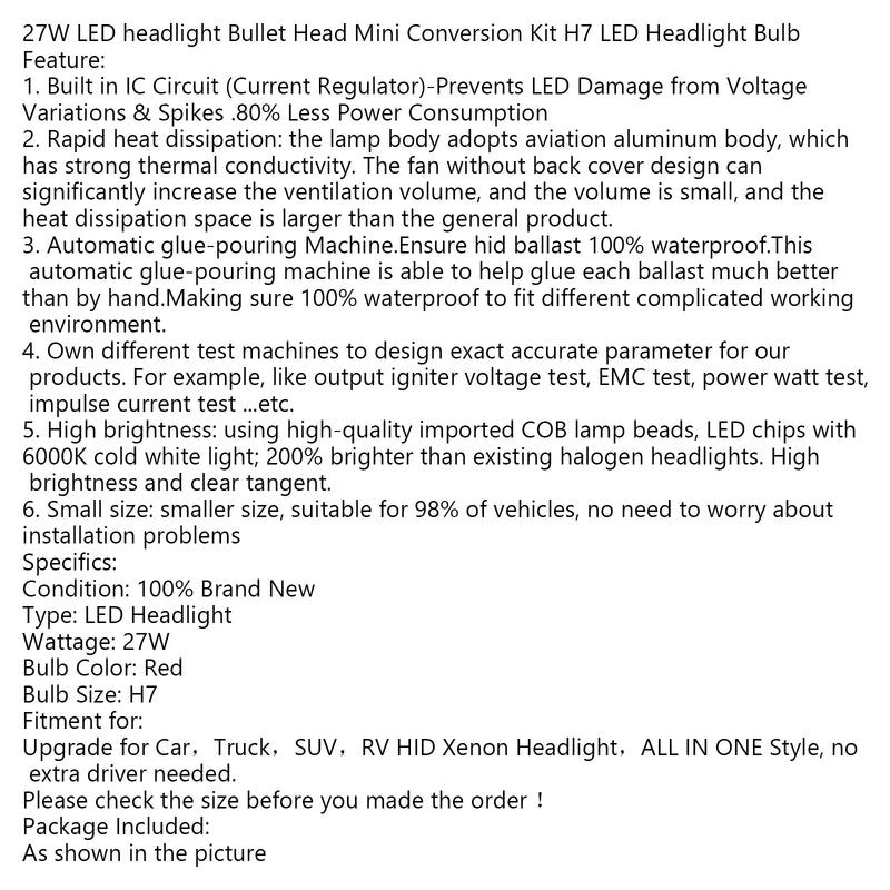 27W LED headlight Bullet Head Mini Conversion Kit H7 LED Headlight Bulb Generic