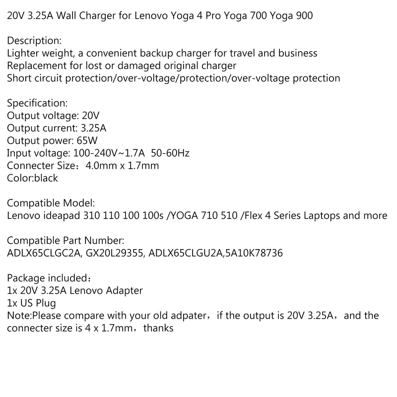 Laptop Power AC Adapter Charger for Lenovo YOGA 700 65W 20V 3.25A ADLX65CLGU2A