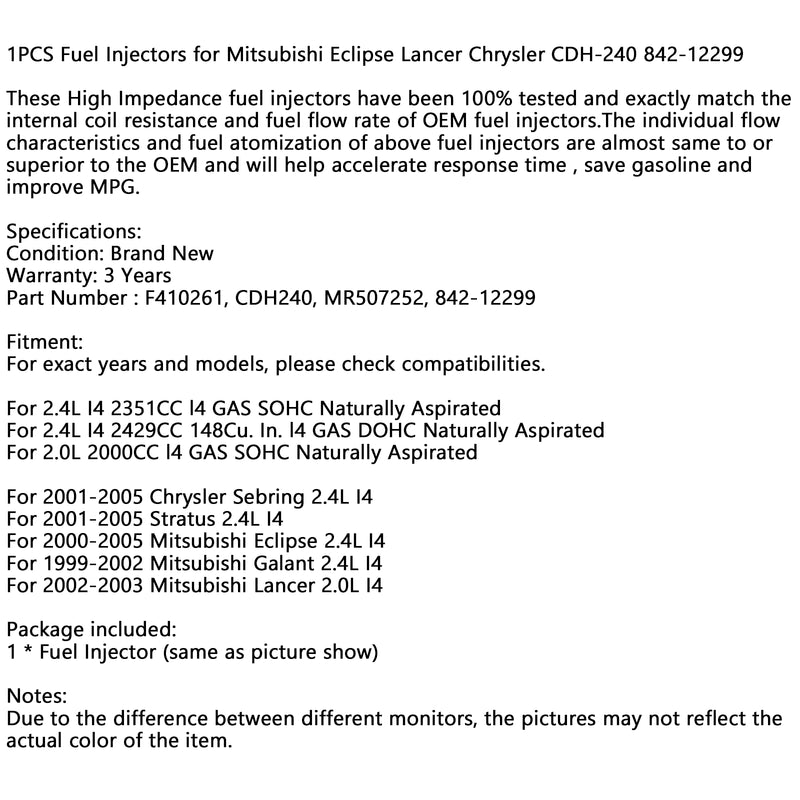 1PCS Fuel Injectors for Mitsubishi Eclipse Lancer Chrysler CDH-240 842-12299 Generic