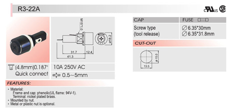 SCI R3-22 Panel Mount Chassis Fuse Holder For 6x30mm Glass Fuses 10A 250V