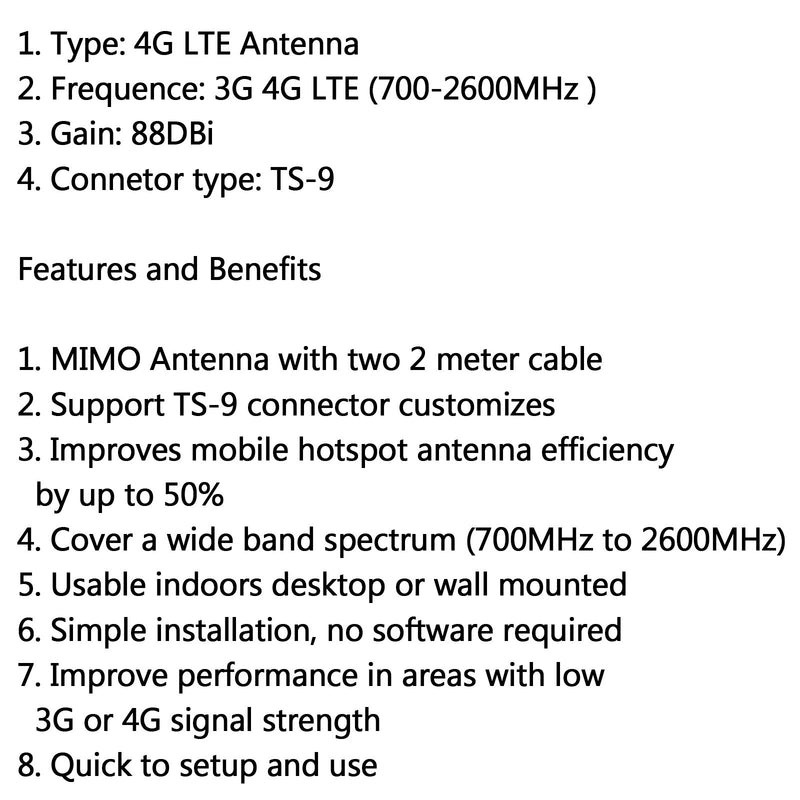Indoor Blazing Fast 3G 4G 88dBi LTE MIMO Antenna 700MHz-2600MHz 2M TS-9 Wire