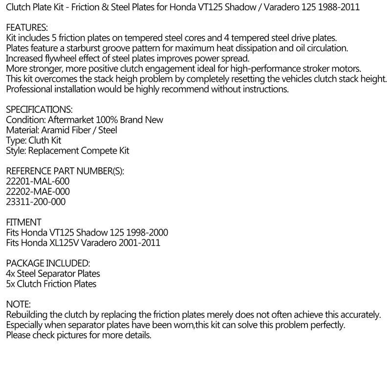 Clutch Kit Steel & Friction Plates for Honda VT125 Shadow / Varadero 125 88-2011 Generic