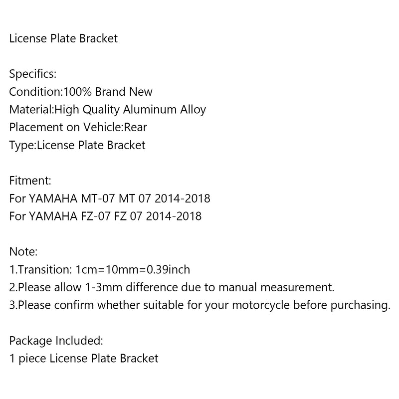 License Plate Holder Bracket For YAMAHA MT-07 FZ-07 MT07 FZ07 2014-2018 Generic
