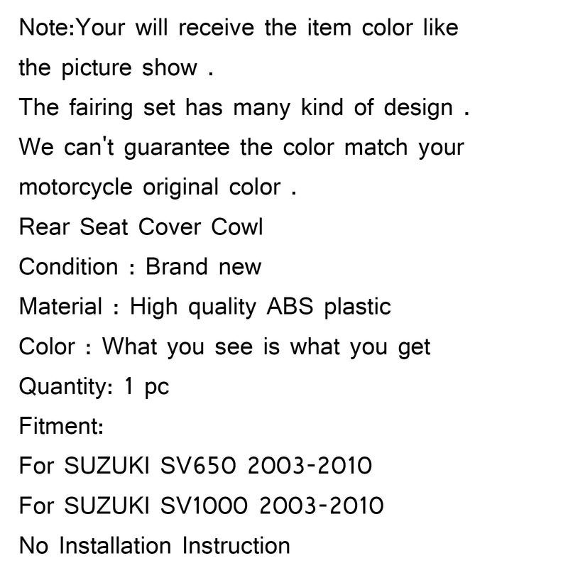 Rear Pillion Passenger Seat Cover Cowl For SUZUKI SV650 SV1000 (03-13) 7 Color Generic