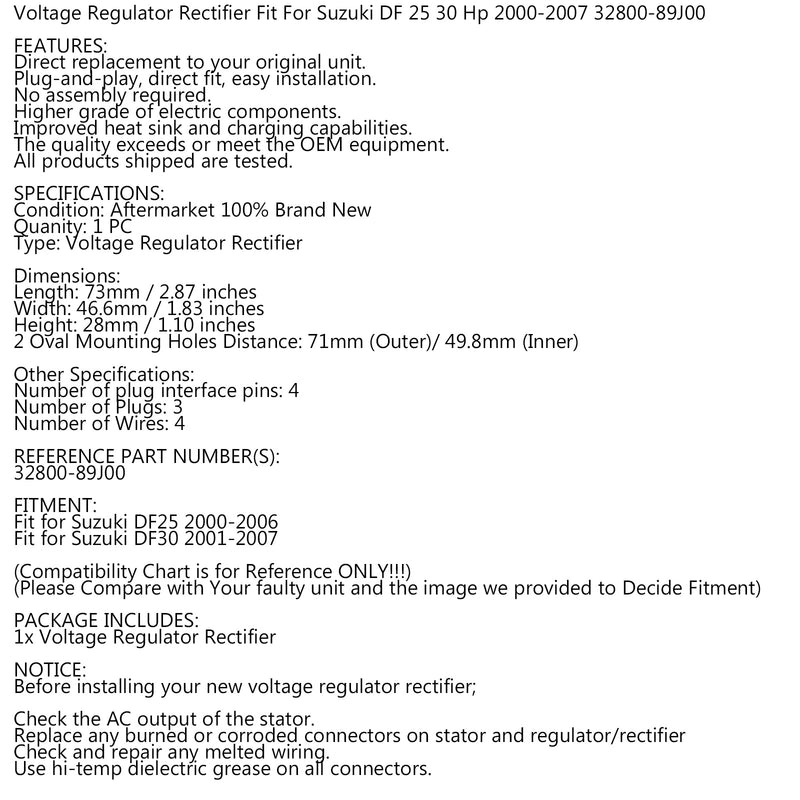 Rectifier Regulator Fit for Suzuki Outboard DF25 DF30 hp 2000-2007 32800-89J00