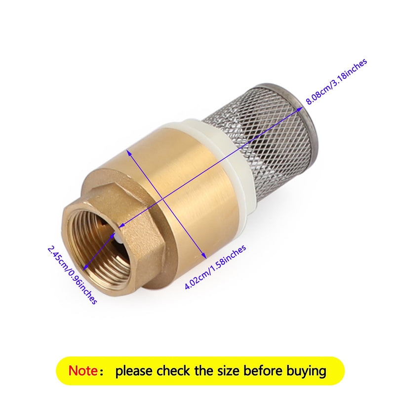 3/4" NPT Inline Check Foot Valve Brass Spring Loaded With Filter 200 PSI