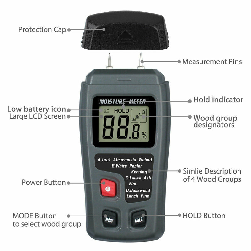 Digital LCD Wood Moisture Meter Detector Tester  Humidity 0-99.9% Hygrometer