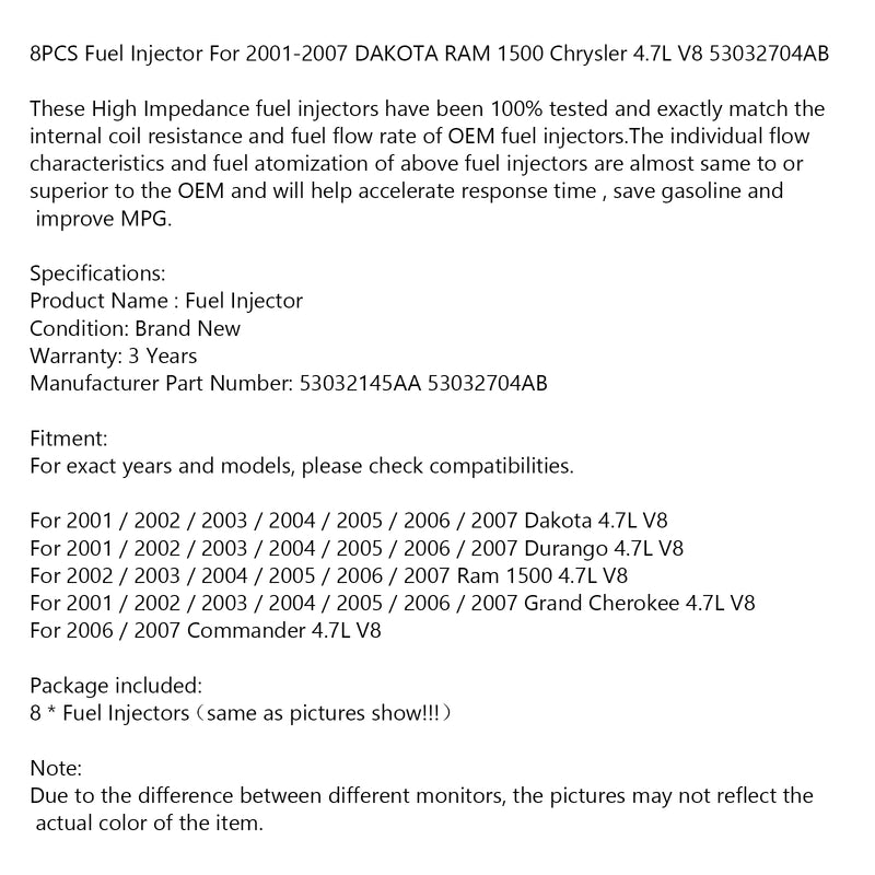 8PCS Fuel Injector For 2001-2007 DAKOTA RAM 1500 Chrysler 4.7L V8 53032704AB 53032145AA Generic