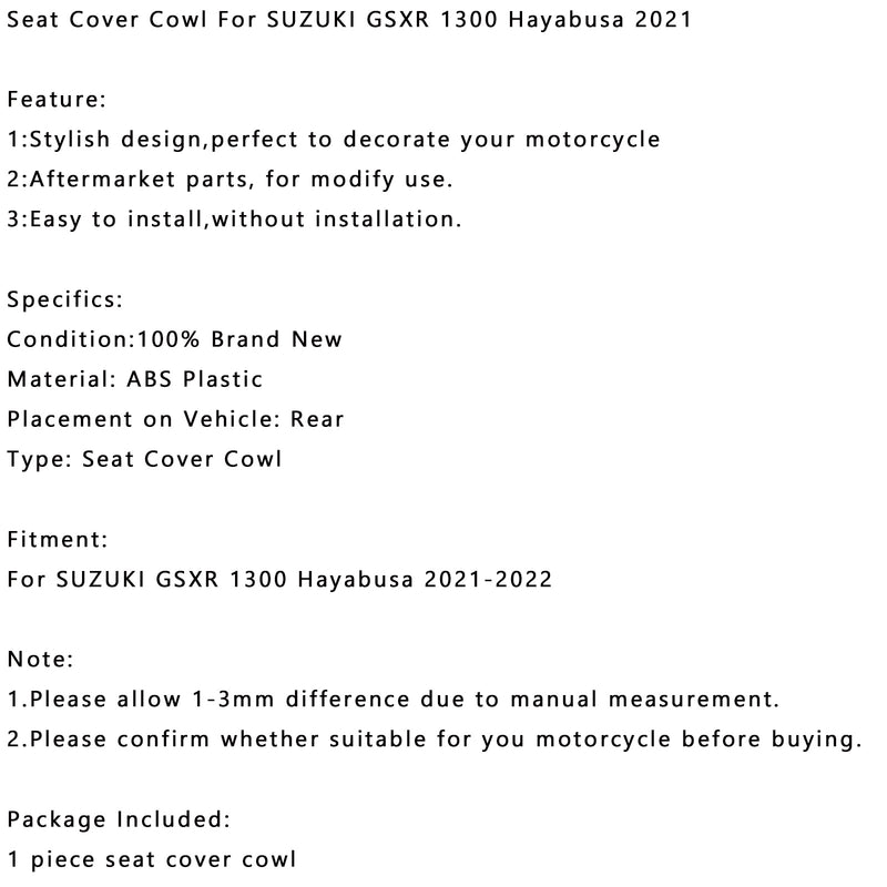 Rear Seat Fairing Cover For SUZUKI GSXR 1300 GSX-R1300 Hayabusa 2021-2022 Red