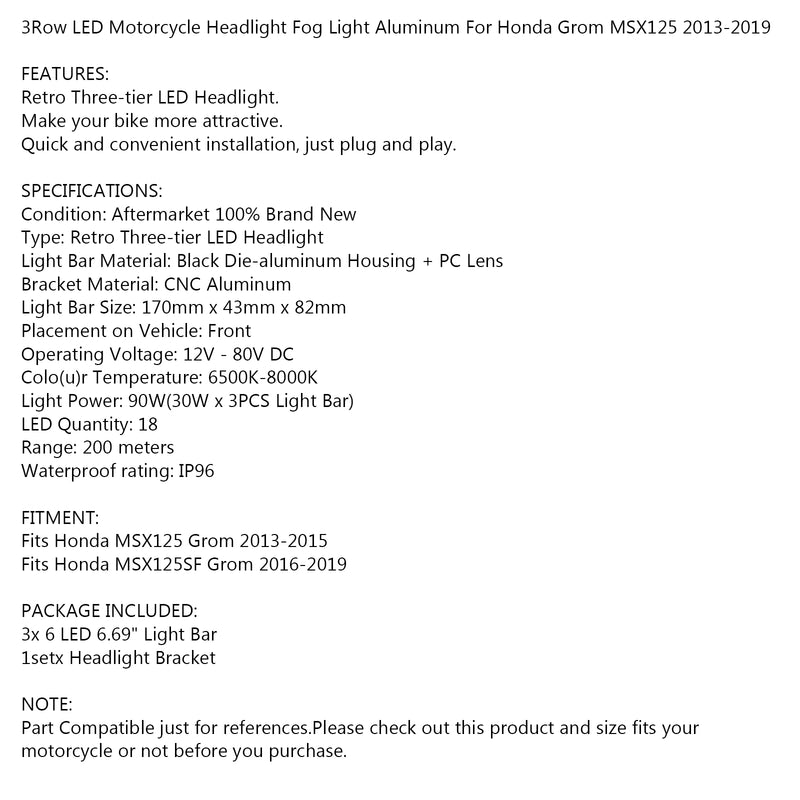 3Row LED Motorcycle Headlight Fog Light ALU fit for Honda Grom 125 MSX SF 13-19 Generic