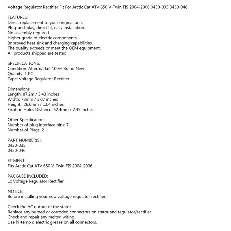 Voltage Regulator Rectifier for Arctic Cat 650 V2 ATV 04-06 0430-035 0430-046 Generic