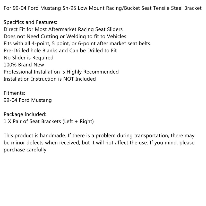 For 99-04 Ford Mustang Sn-95 Low Mount Racing/Bucket Seat Tensile Steel Bracket Generic