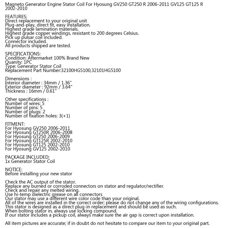 Alternator United Motors Stator Coil For Hyosung GV250 GT250R GT250 2006-2011