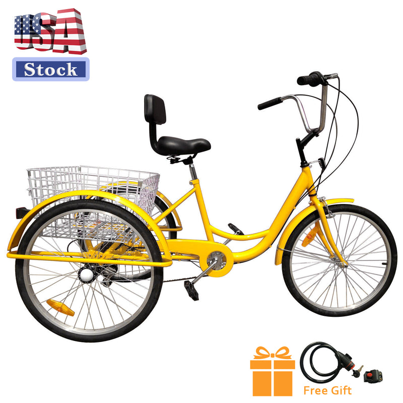 24'' Adult Tricycle 3 Wheel Bike 7 Speed Trike With Basket Bike Lock and Air Pump Yellow USA/AUS Stock