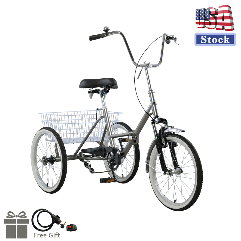 20'' Folding Gray Tricycle Foldable Adult Tricycle 3 Wheeler Bicycle