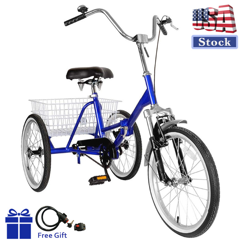 20'' Folding Tricycle Blue Foldable Adult Tricycle 3 Wheeler Bicycle