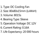 1Pcs DC Brushless Cooling PC Computer Fan 12V 8015s 80x80x15mm 0.16A 2 Pin Wire
