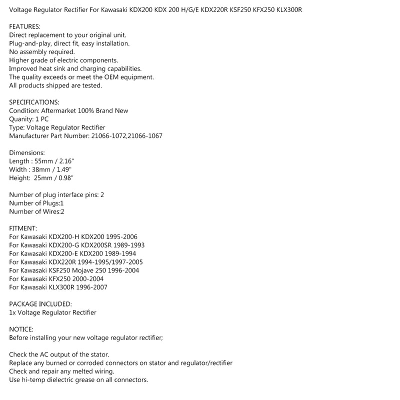 Voltage Rectifier Regulator For Kawasaki KDX200H KDX200G KDX200E KDX220R 89-07