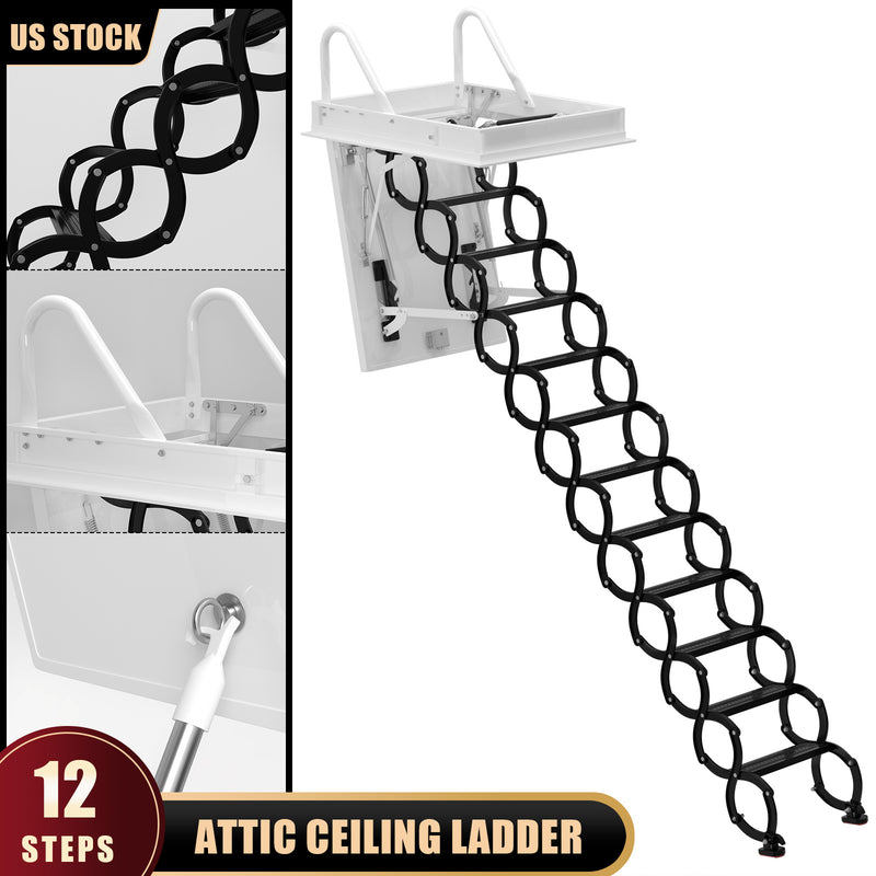 12 Steps Black Loft Wall Folding Pulldown Attic Ceiling Ladder Stairs 39.4*27.6"
