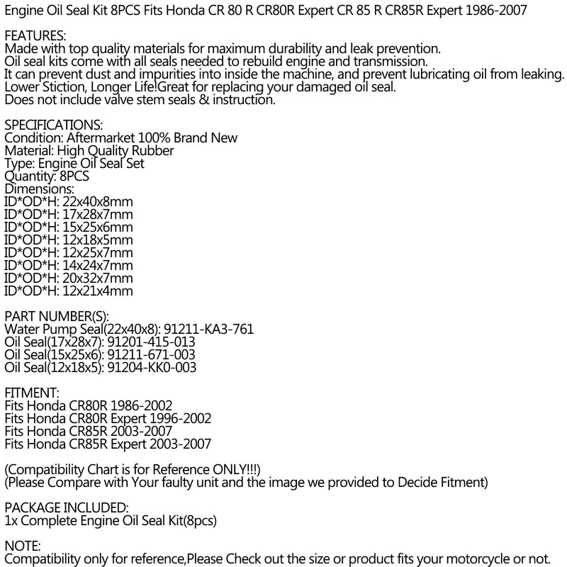 Engine Oil Seal Kit Set 8pcs Seals for Honda CR80R CR85R 1986-2007 cr 80r 85r Generic