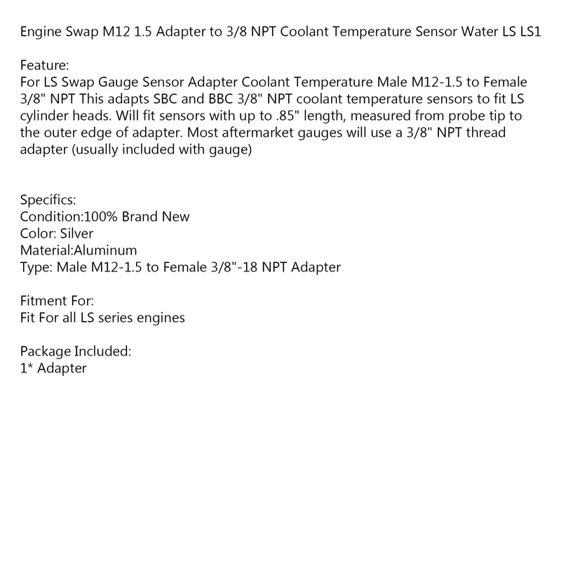 Engine Swap M12 1.5 Adapter to 3/8 NPT Coolant Temperature Sensor Water LS LS1 Generic