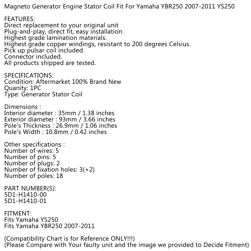 Stator Generator for Yamaha YS250 YBR250 2007-2011 5D1-H1410-00 5D1-H1410-01 Generic