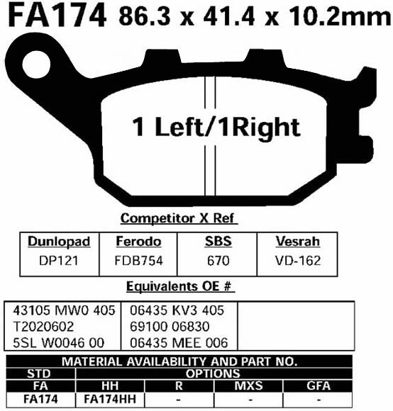 Brake Pads FA174 For HONDA CB 400 500 600 900 1000 1300 CBF CBR 600 1000 VT VTR Generic