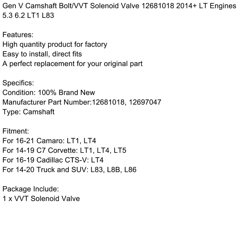 2016-2019 Cadillac CTS-V: LT4 Gen V Camshaft Bolt/VVT Solenoid Valve 12681018