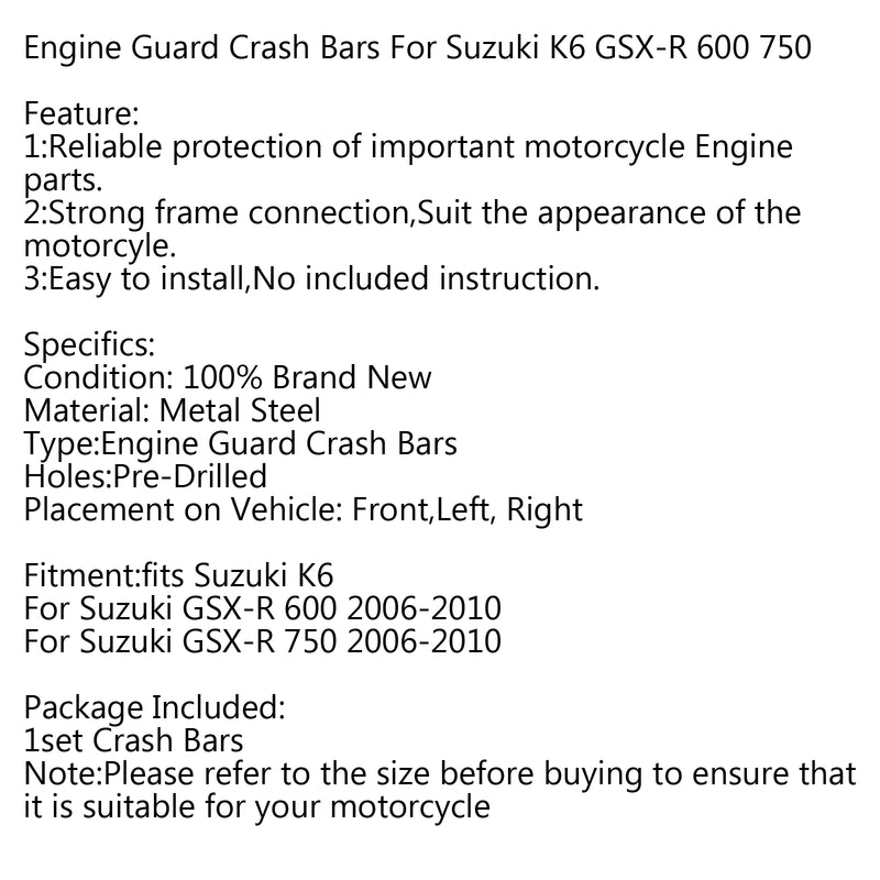 2006-2010 Suzuki GSXR GSX-R 600 750 Crash Bar Engine Frame Guard Matt Black