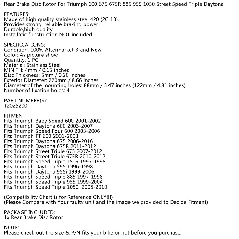 Rear Brake Disc Rotor for Triumph TT 600 Daytona 595 600 675 955i 96-12 T2025200 Generic