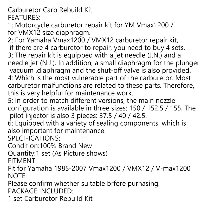 Carburetor Rebuild Repair Kit Main Jet Sub For Yamaha VMAX V-Max 1200 VMX12 Generic