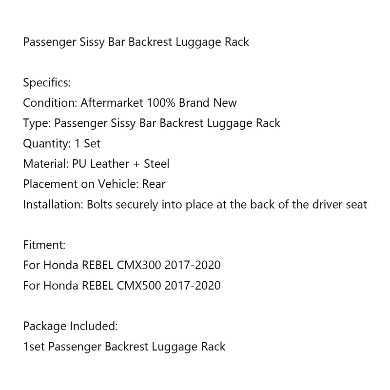 Passenger Sissy Bar Backrest Luggage Rack for Honda REBEL CMX300 CMX500 2017-20 Generic