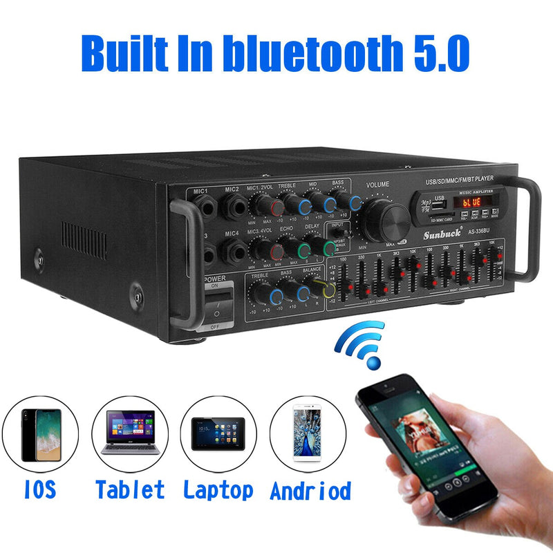 Bluetooth 5.0 HiFi Sunbuck 2000W Stereo Power Amplifier Karaoke FM USB SD AUX