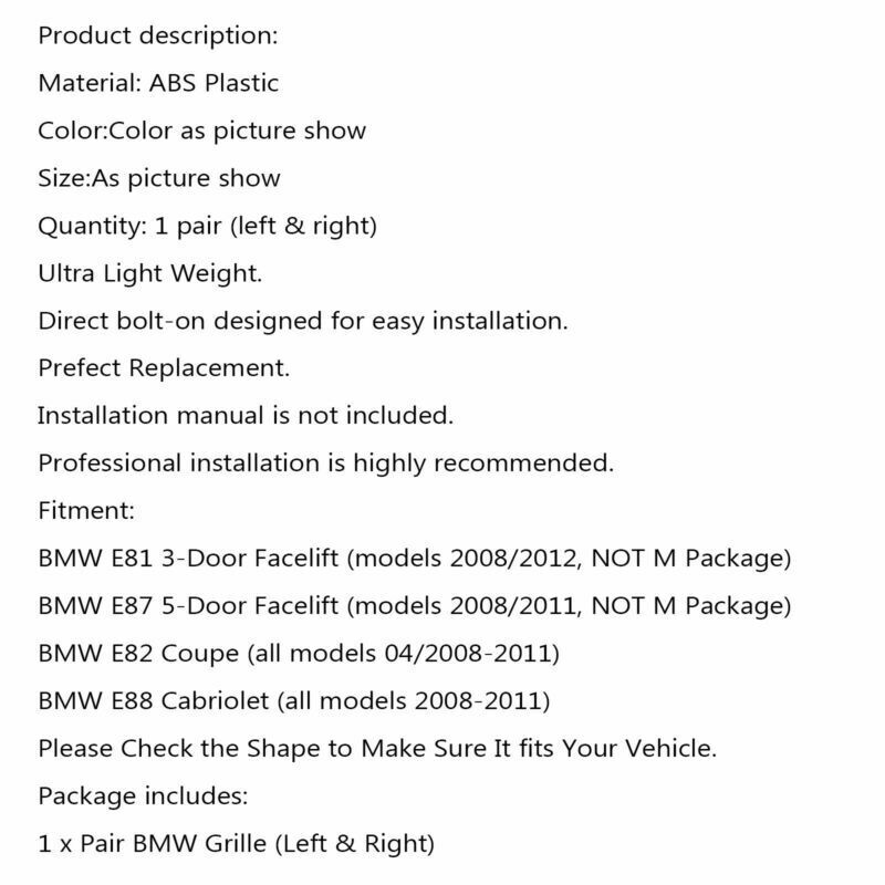 2xGloss Black Mcolor Front Bumper Kidney Grille For BMW E81 E82 E87 E88 07-12 Generic