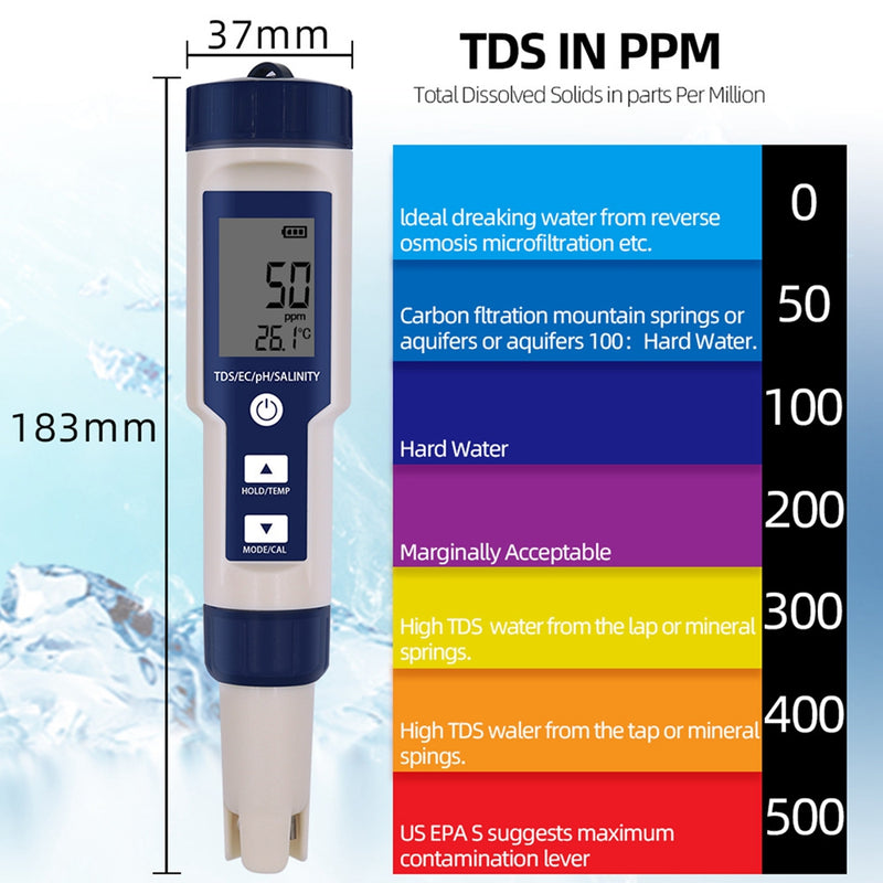 5in1 PH/TDS/EC/Salinity/Temperature Digital Water Quality Tester Meter Test Tool