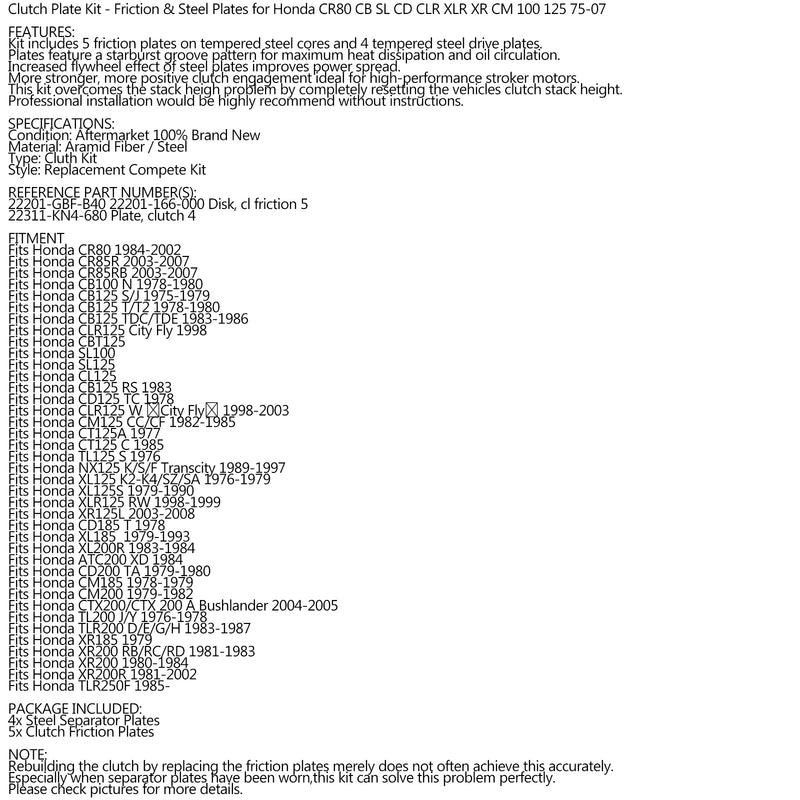 Clutch Kit Steel & Friction Plates for Honda CR80 CB SL CD CLR XLR XR CM 100 125 Generic