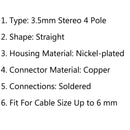 1PCS 3.5mm 4 Pole TRRS Stereo Male Audio Plug Connector For Headphone Black