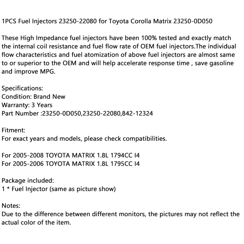 1PCS Fuel Injectors 23250-22080 for Toyota Corolla Matrix 23250-0D050 Generic