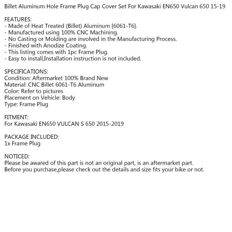 Billet Aluminum Hole Frame Plug Cap For Kawasaki EN650 VULCAN S 650 15-19 Generic